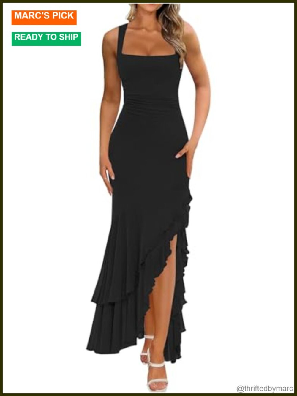 Elegant Ruched Bodycon Maxi Dress Sleeveless Square Neck High Slit Cocktail